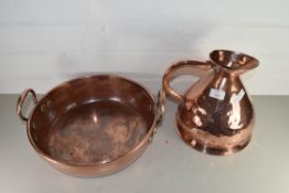 COPPER DOUBLE HANDLED PAN AND AN ANTIQUE COPPER HAYSTACK MEASURE