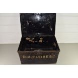 SMALL PAINTED METAL TRUNK MARKED "R H FURNESS" TO FRONT