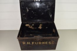 SMALL PAINTED METAL TRUNK MARKED "R H FURNESS" TO FRONT