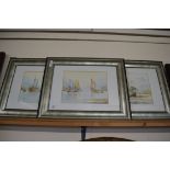 KEN HAMMOND, GROUP OF THREE STUDIES, SHIPPING SCENES, COLOURED PRINTS, SET IN CONTEMPORARY