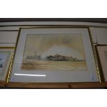 KEITH JOHNSON, STUDY OF FARMHOUSE WITH DISTANT CHURCH, WATERCOLOUR, SIGNED LOWER RIGHT, FRAMED AND