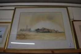 KEITH JOHNSON, STUDY OF FARMHOUSE WITH DISTANT CHURCH, WATERCOLOUR, SIGNED LOWER RIGHT, FRAMED AND