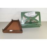 VINTAGE FOLDING BOOK OR MUSIC REST, TOGETHER WITH A VINTAGE SLAZENGER WOODEN RACKET PRESS