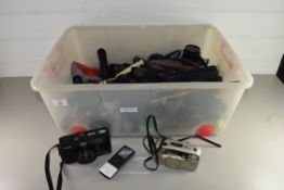 BOX OF MIXED CAMERAS, BINOCULARS AND VARIOUS ACCESSORIES TO INCLUDE A CANON AE1 SLR CAMERA ETC