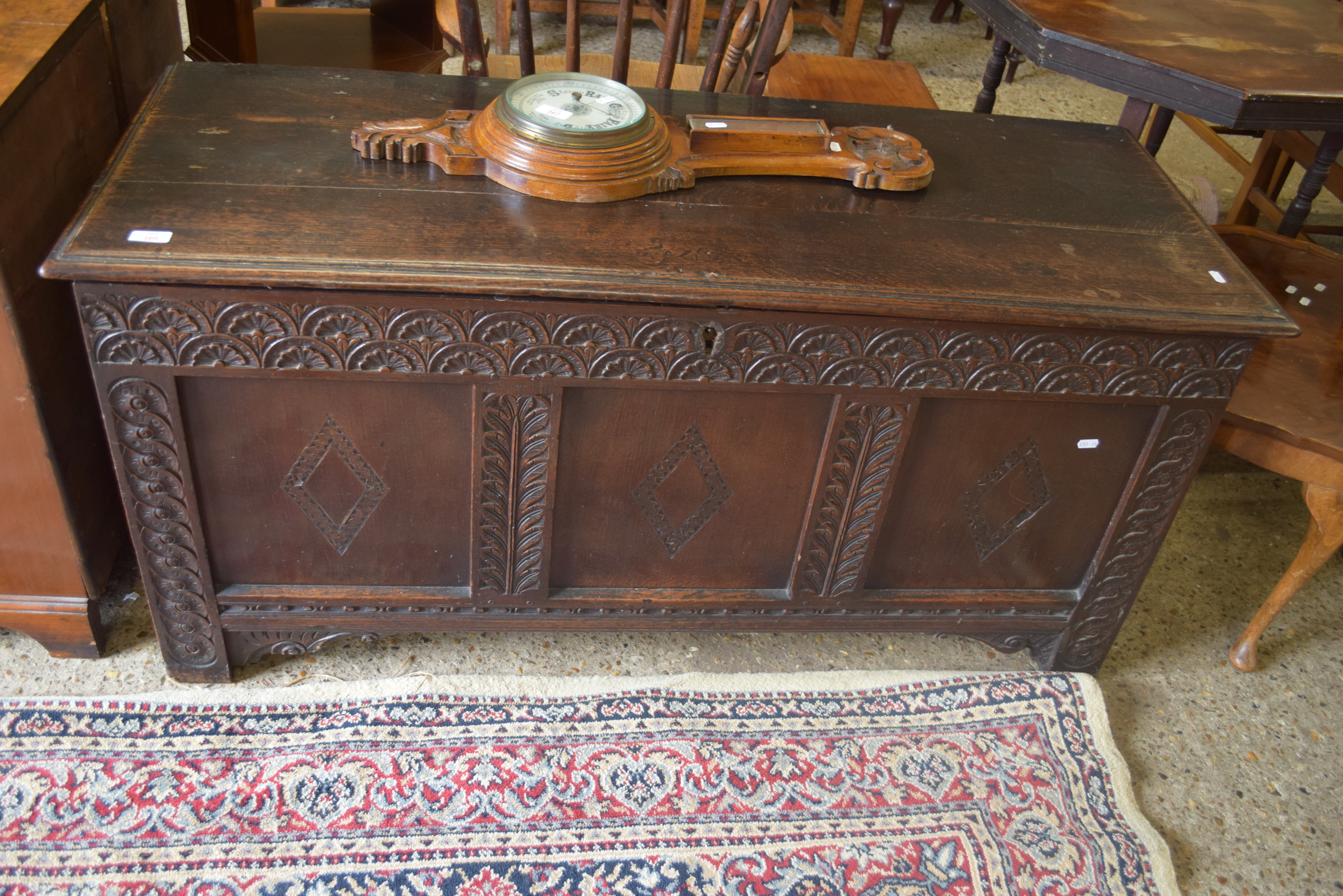 18TH CENTURY OAK COFFER WITH THREE PANELLED FRONT
