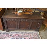 18TH CENTURY OAK COFFER WITH THREE PANELLED FRONT