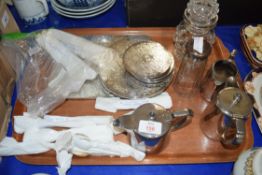 TRAY OF SILVER PLATED TEA WARES, SILVER PLATED PLACE MATS AND COASTERS