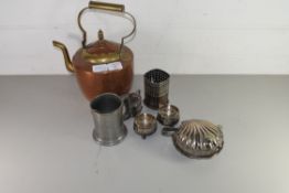 MIXED LOT: COPPER KETTLE, SILVER PLATED CRUET, SHELL FORMED BUTTER DISH ETC