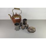 MIXED LOT: COPPER KETTLE, SILVER PLATED CRUET, SHELL FORMED BUTTER DISH ETC