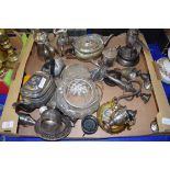 MIXED LOT: SILVER PLATED TEA WARES, CANDELABRA, BRONZED MODEL OF A COCKEREL, CLEAR GLASS BISCUIT