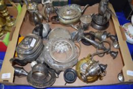 MIXED LOT: SILVER PLATED TEA WARES, CANDELABRA, BRONZED MODEL OF A COCKEREL, CLEAR GLASS BISCUIT