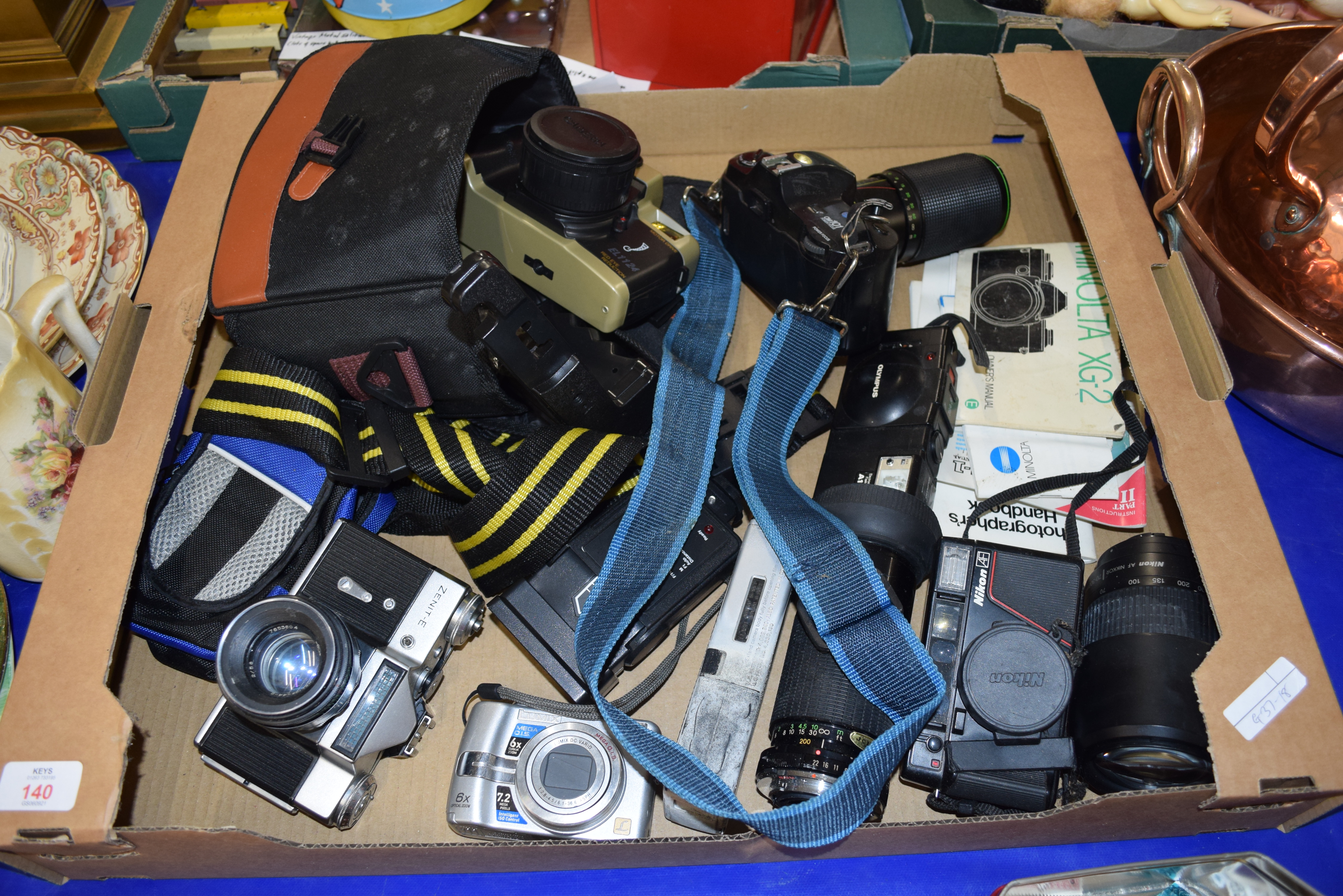 BOX OF MIXED CAMERAS TO INCLUDE OLYMPUS, ZENIT, ETC