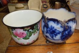 GEORGE JONES CRESCENT CHINA JARDINIERE DECORATED WITH ROSES TOGETHER WITH A FURTHER COURT BLUE AND