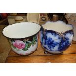 GEORGE JONES CRESCENT CHINA JARDINIERE DECORATED WITH ROSES TOGETHER WITH A FURTHER COURT BLUE AND