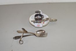 SMALL MIXED LOT: SILVER AND WHITE METAL CUTLERY AND NAPKIN RING