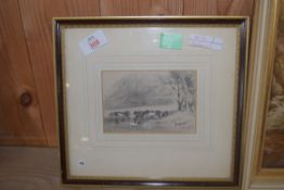 SMALL PENCIL DRAWING - CATTLE WATERING, UNSIGNED, FRAMED AND GLAZED, 26CM WIDE MAX