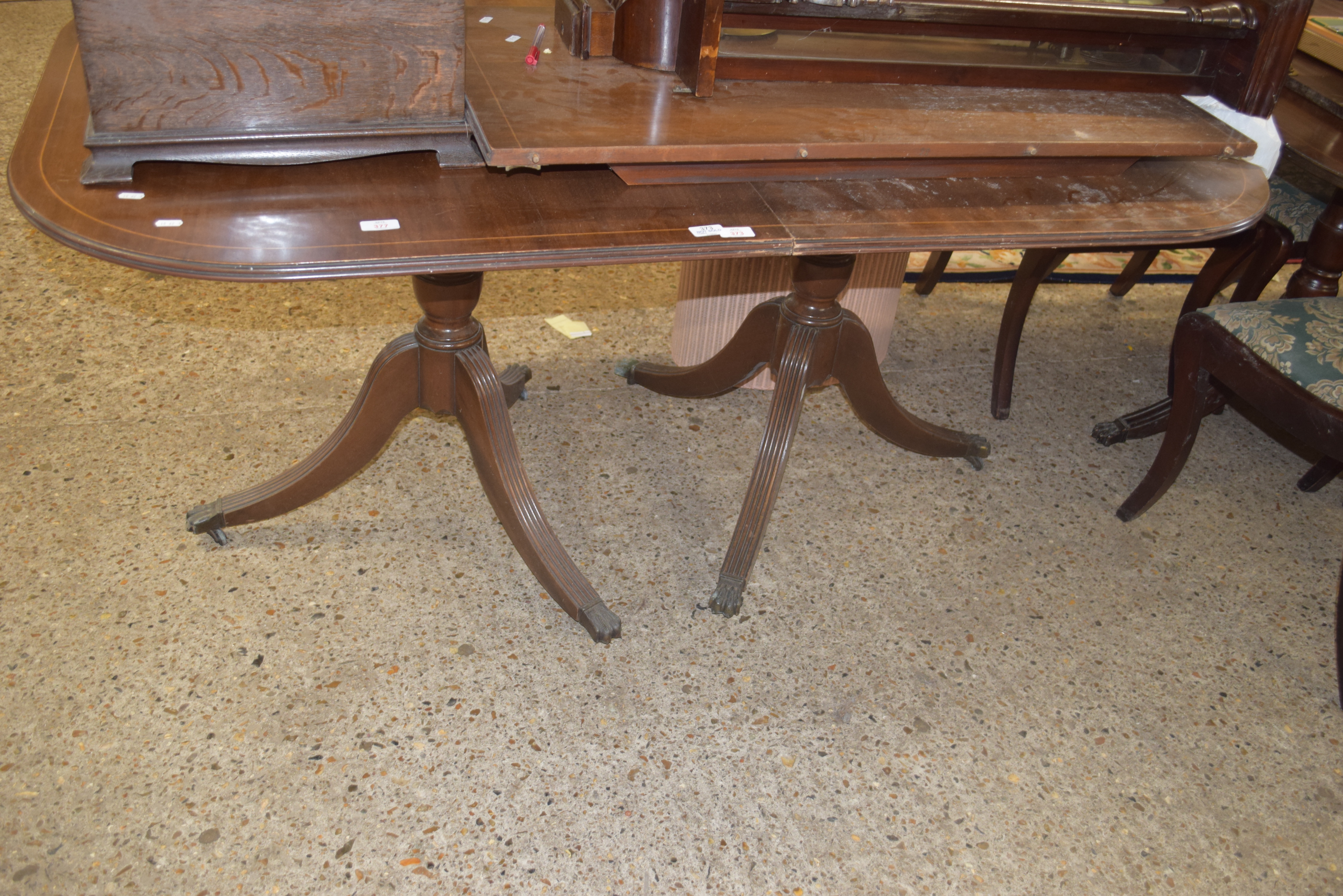 REPRODUCTION MAHOGANY TWIN PEDESTAL DINING TABLE WITH EXTENSION LEAF, 162CM WIDE UNEXTENDED