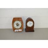 20TH CENTURY ANEROID BAROMETER TOGETHER WITH A SMALL RAPPORT MAHOGANY CASED MANTEL CLOCK WITH QUARTZ