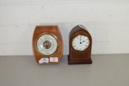 20TH CENTURY ANEROID BAROMETER TOGETHER WITH A SMALL RAPPORT MAHOGANY CASED MANTEL CLOCK WITH QUARTZ