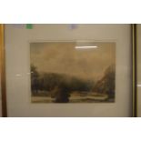 20TH CENTURY BRITISH SCHOOL WATERCOLOUR STUDY OF AN UPLAND LANDSCAPE WITH RIVER, SIGNED, FRAMED