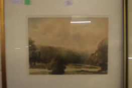 20TH CENTURY BRITISH SCHOOL WATERCOLOUR STUDY OF AN UPLAND LANDSCAPE WITH RIVER, SIGNED, FRAMED