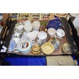 BOX OF CERAMICS TO INCLUDE HONEY POT, ROYAL COMMEMORATIVE MUGS AND BEAKERS, TEA WARES ETC