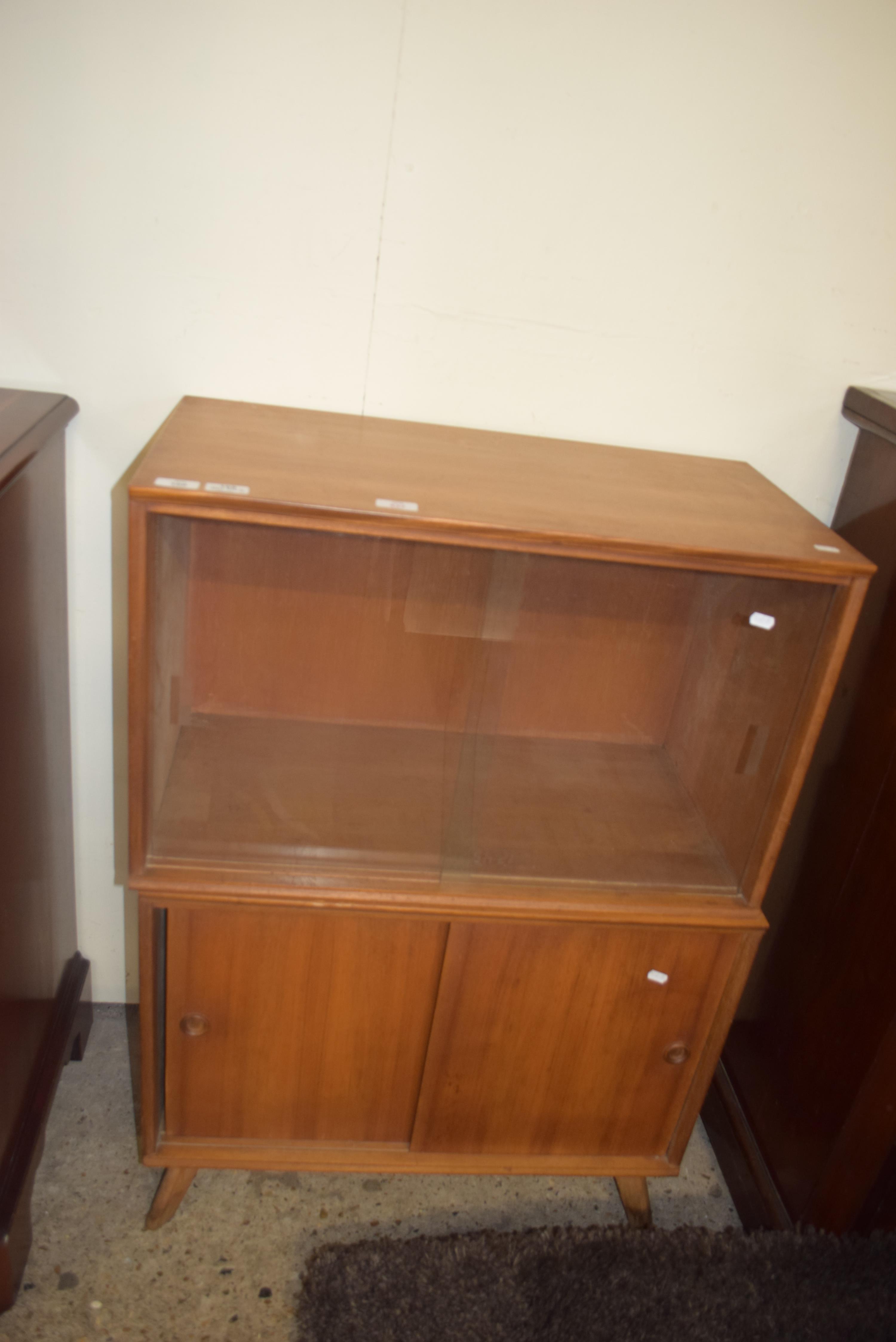 RETRO TEAK GLAZED DISPLAY CABINET AND ANOTHER WITH SOLID DOORS, 71CM WIDE