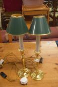 PAIR OF BRASS CANDLESTICK TABLE LAMPS WITH SMALL SHADES