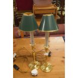 PAIR OF BRASS CANDLESTICK TABLE LAMPS WITH SMALL SHADES