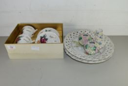 BOXED GOLDEN WEDDING ANNIVERSARY TEA CUPS AND SAUCERS, FRUIT DECORATED PLATES AND FLORAL ENCRUSTED