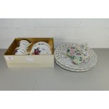 BOXED GOLDEN WEDDING ANNIVERSARY TEA CUPS AND SAUCERS, FRUIT DECORATED PLATES AND FLORAL ENCRUSTED