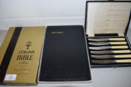 CASE OF STEEL BLADED DESSERT KNIVES AND A COLLINS BIBLE