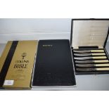 CASE OF STEEL BLADED DESSERT KNIVES AND A COLLINS BIBLE