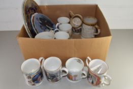 BOX OF CERAMICS TO INCLUDE LARGE RANGE OF ROYAL COMMEMORATIVE MUGS AND PLATES