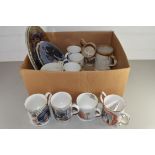 BOX OF CERAMICS TO INCLUDE LARGE RANGE OF ROYAL COMMEMORATIVE MUGS AND PLATES