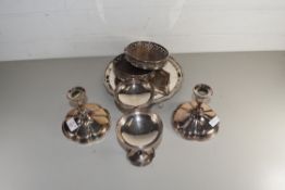 PAIR OF ELKINGTON SILVER PLATED CANDLESTICKS AND A FURTHER PAIR OF BOTTLE STANDS WITH TURNED