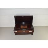 19TH CENTURY ROSEWOOD SARCOPHAGUS FORMED TEA CADDY FITTED WITH LION MASK HANDLES AND A SUB-DIVIDED