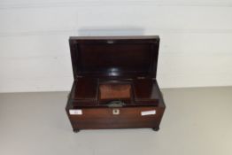 19TH CENTURY ROSEWOOD SARCOPHAGUS FORMED TEA CADDY FITTED WITH LION MASK HANDLES AND A SUB-DIVIDED