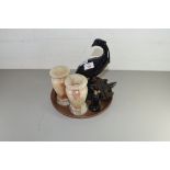 MIXED LOT COMPRISING PAIR OF POLISHED ONYX VASES, SMALL POLISHED HARDSTONE MINIATURE KETTLE ETC