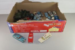 BOX OF VINTAGE TOY VEHICLES TO INCLUDE A RANGE OF DINKY MILITARY VEHICLES, CORGI BATMOBILE, CORGI