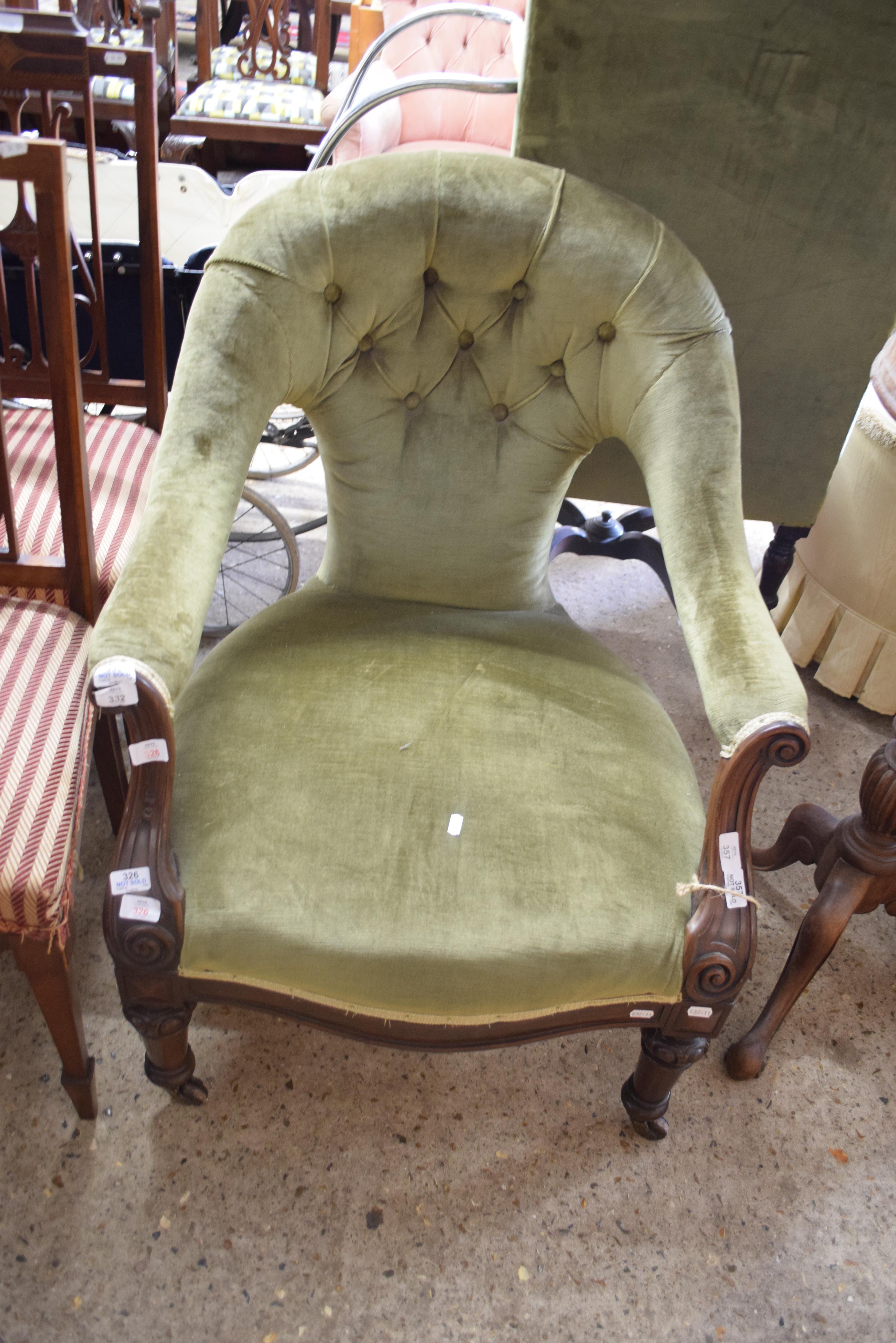 VICTORIAN MAHOGANY FRAMED AND GREEN VELOUR UPHOLSTERED ARMCHAIR, 70CM WIDE