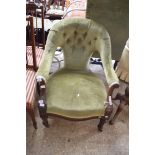 VICTORIAN MAHOGANY FRAMED AND GREEN VELOUR UPHOLSTERED ARMCHAIR, 70CM WIDE