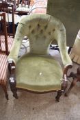 VICTORIAN MAHOGANY FRAMED AND GREEN VELOUR UPHOLSTERED ARMCHAIR, 70CM WIDE