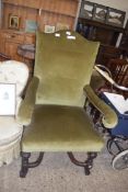 LARGE 19TH CENTURY GREEN UPHOLSTERED ARMCHAIR ON TURNED HARDWOOD FRAME WITH X-FORMED STRETCHER,