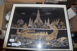 SOUTH EAST ASIAN PICTURE OF A DRAGON BOAT, FRAMED AND GLAZED, TOGETHER WITH A PHOTO OF FIGURES IN