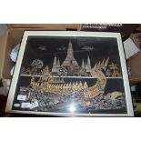 SOUTH EAST ASIAN PICTURE OF A DRAGON BOAT, FRAMED AND GLAZED, TOGETHER WITH A PHOTO OF FIGURES IN