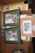 MIXED LOT OF COLOURED PRINTS, 19TH CENTURY ENGRAVINGS, OIL ON BOARD STUDY OF A BULLFIGHT ETC