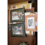 MIXED LOT OF COLOURED PRINTS, 19TH CENTURY ENGRAVINGS, OIL ON BOARD STUDY OF A BULLFIGHT ETC