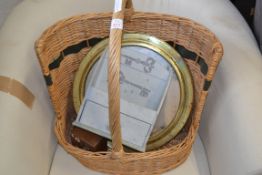 WICKER BASKET, A BRASS FRAMED MIRROR, SMALL CABINET AND A JEWELLERY BOX (4)