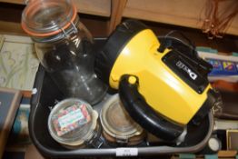 BOX OF KITCHEN STORAGE JARS, RECHARGEABLE TORCH, COAT HANGERS